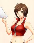  1girl breasts brown_eyes brown_hair cleavage collarbone crop_top hand_on_hip headset holding jacket mashiro_(sora1031) meiko midriff nail_polish navel open_mouth paper red_nails short_hair smile solo upper_body vocaloid zipper 