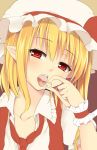  1girl blonde_hair candy collarbone face fang flandre_scarlet hat hat_ribbon looking_at_viewer loose_necktie mob_cap necktie nnyara open_mouth pointy_ears redhead ribbon shirt solo tongue tongue_out touhou upper_body wrist_cuffs 
