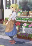  1girl apron blonde_hair blue_eyes daisy door flower flower_shop hair_ornament hair_scrunchie leaf original pansy pantyhose plant planter ponytail potted_plant profile scrunchie shop skirt smile solo standing storefront stuffed_animal stuffed_toy teddy_bear tulip window yoropa 