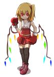  &gt;:d 1girl :d alternate_costume black_legwear blonde_hair blush boxing boxing_gloves clenched_teeth crystal demon_wings flandre_scarlet full_body glowing glowing_eyes highres jpeg_artifacts kumo_(atm) looking_at_viewer navel open_eyes open_mouth red_eyes shaded_face short_hair side_ponytail simple_background sleeveless smile solo teeth thigh-highs touhou vampire white_background wings zettai_ryouiki 