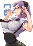  1girl adjusting_glasses armpits black-framed_glasses black_rose black_skirt blue_eyes breasts dagashi_kashi floating_hair flower frilled_shirt frills glasses hair_flower hair_ornament hair_ribbon hairband high-waist_skirt holding_food large_breasts looking_at_viewer nail_polish necktie number pochi_(pochi-goya) profile purple_hair ribbon ringed_eyes rose shidare_hotaru shirt short_hair skirt solo suspender_skirt suspenders upper_body white_background 