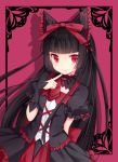  1girl amashiro_natsuki animal_ears black_hair bow bridal_gauntlets cat_ears dress fake_animal_ears frame gate_-_jieitai_ka_no_chi_nite_kaku_tatakaeri gothic_lolita hair_bow hairband hime_cut layered_dress lolita_fashion lolita_hairband long_hair looking_at_viewer pink_background puffy_short_sleeves puffy_sleeves redhead rory_mercury short_sleeves very_long_hair 