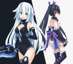  1girl bare_shoulders black_hair black_heart blue_eyes breasts cleavage from_side himajin_(starmine) long_hair looking_at_viewer neptune_(series) noire red_eyes ribbon smile sword symbol-shaped_pupils twintails very_long_hair weapon white_hair 