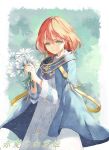  1girl akagami_no_shirayukihime baiguiyu blush brown_hair cloak closed_mouth copyright_name dress earrings flower gem green_eyes holding holding_flower jewelry long_sleeves looking_at_viewer rounded_corners shirayuki_(akagami_no_shirayukihime) short_hair smile solo white_flower 