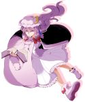  1girl book boots bow cloak colored_shadow crescent_moon expressionless foreshortening frills hair_bow hat long_hair looking_at_viewer mob_cap moon moon_(ornament) namataro pajamas patchouli_knowledge purple_hair shadow shoe_bow shoes solo striped touhou violet_eyes white_background 