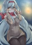  1girl adjusting_glasses alternate_costume bespectacled black_legwear dress glasses hairband kantai_collection long_hair off-shoulder_sweater pantyhose red_scarf ribbed_sweater scarf semi-rimless_glasses shoukaku_(kantai_collection) smile solo sweater sweater_dress yamaarashi yellow_eyes 