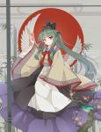  1girl 2016 bird bow full_body green_hair hichou highres japanese_clothes long_hair looking_at_viewer mystical_power_plant original red_bow red_eyes smile solo suitokuin_tenmu touhou 