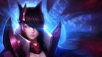  1girl ahri animal_ears backlighting black_hair blue_fire breasts cleavage electricity energy fire fox_ears fox_tail hair_over_one_eye happy_birthday highres janyhero league_of_legends lens_flare light_trail lips long_hair looking_at_viewer multiple_tails nose reflective_eyes shiny shiny_hair solo tail texture upper_body whisker_markings yellow_eyes 