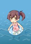  1girl :&lt; artist_name bare_shoulders blush_stickers brown_eyes brown_hair hair_ribbon imu_sanjo innertube kaga_(jmsdf) kantai_collection long_hair one-piece_swimsuit partially_submerged pink_swimsuit polka_dot polka_dot_swimsuit ribbon side_ponytail solo swimsuit water 