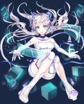  1girl :d artist_request bare_shoulders blue_eyes blush bodysuit choker detached_collar floating_hair full_body headgear holographic_interface jewelry long_hair looking_at_viewer number open_mouth original outstretched_arms pendant personification purple_hair smile solo soramu thigh-highs thighs toyota 