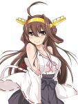  1boy 1girl ahoge aoiakira553 bare_shoulders blush brown_eyes brown_hair detached_sleeves double_bun hairband headgear japanese_clothes kantai_collection kongou_(kantai_collection) long_hair looking_at_viewer nontraditional_miko ribbon-trimmed_sleeves ribbon_trim simple_background smile upper_body white_background 
