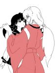  1boy 1girl eyeshadow hair_grab higurashi_kagome inuyasha inuyasha_(character) jewelry long_hair looking_at_another makeup monochrome necklace pearl_necklace sketch spot_color ukyou_(sakyoo) wide_sleeves 