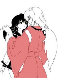  1boy 1girl eyeshadow hair_grab higurashi_kagome inuyasha inuyasha_(character) jewelry long_hair looking_at_another makeup monochrome necklace pearl_necklace sketch spot_color ukyou_(sakyoo) wide_sleeves 