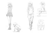  1girl alternate_costume amagami blazer boots chair coat crossed_legs desk facing_viewer from_side hana_hook hand_up hands_in_pockets headdesk knee_up legs long_hair messy_hair monochrome open_collar poses scarf school_desk school_uniform scratching_head simple_background sitting sketch skirt solo squatting tanamachi_kaoru white_background 