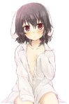  1girl animal_ears black_hair blush brown_eyes collarbone highres inaba_tewi long_sleeves looking_at_viewer naked_shirt nnyara open_clothes open_shirt rabbit_ears shirt sitting sleeves_past_wrists solo thighs touhou 