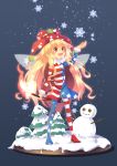  1girl american_flag_legwear american_flag_shirt bangs blonde_hair blush clownpiece collar fire frilled_collar frills full_body hat highres jester_cap long_hair looking_up open_mouth pantyhose red_eyes simple_background snow snowflakes snowing snowman solo standing torch touhou tree very_long_hair z.o.b 