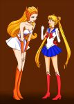  bent_over bishoujo_senshi_sailor_moon blonde_hair blue_eyes blue_skirt boots breasts brooch choker circlet cleavage clenched_hands crescent_earrings crossover double_bun dress earrings elbow_gloves gloves hair_ornament headgear high_heel_boots high_heels highres jewelry lipstick lisginka long_hair makeup masters_of_the_universe miniskirt open_mouth orange_boots pleated_skirt red_boots red_lipstick ribbon sailor_moon she-ra skirt smile strapless strapless_dress triangle_mouth tsukino_usagi twintails vambraces very_long_hair white_gloves 