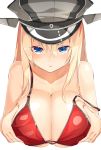  1girl bare_shoulders bikini bismarck_(kantai_collection) blonde_hair blue_eyes blush breast_hold breasts cleavage collarbone commentary_request hat kantai_collection large_breasts long_hair looking_at_viewer meth_(emethmeth) military_hat peaked_cap red_bikini solo swimsuit upper_body 
