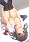  1girl black_legwear bow bow_panties bowtie_removed bra breasts brown_hair cleavage green_bra green_eyes green_panties large_breasts legs_up lying navel on_back open_clothes open_shirt original panties parted_lips samegami school_uniform shirt skirt skirt_removed solo thigh-highs underwear upside-down 