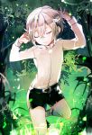  1boy closed_eyes fireflies forest garters hair_flaps highres hotarumaru leaf male_focus nature object_namesake poni_(rito) shorts silver_hair smile sock_garters touken_ranbu tree 