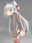  1girl amatsukaze_(kantai_collection) blush brown_eyes garter_straps hair_tubes hairband highres kantai_collection long_hair looking_at_viewer nedia_r scarf silver_hair snowing solo two_side_up visible_air 