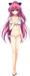  1girl absurdres akusera bikini breasts brown_eyes full_body hand_on_own_chest highres large_breasts long_hair looking_at_viewer pink_hair ponytail reminiscence sandals side-tie_bikini simple_background solo swimsuit tomose_shunsaku very_long_hair 