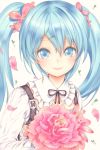  1girl blue_eyes blue_hair blush catbell flower hatsune_miku long_hair looking_at_viewer petals solo twintails vocaloid 