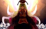 1girl akaiha_(akaihagusk) backlighting blonde_hair chinese_clothes dress flower fox_tail gradient gradient_background hat junko_(touhou) light_particles long_hair long_sleeves looking_at_viewer multiple_tails red_eyes ribbon sash smile solo tabard tail touhou wide_sleeves 