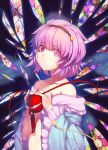  1girl bangs blood bloody_tears collarbone crying hairband heart kaiza_(rider000) komeiji_satori long_sleeves looking_at_viewer off_shoulder open_clothes pink_eyes pink_hair short_hair solo stained_glass third_eye touhou upper_body wide_sleeves 
