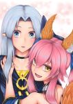  2girls animal_ears bare_shoulders blue_eyes blue_hair bow caster caster_(fate/extra) collarbone dress extra_ears fang fate/extra fate/stay_night fate_(series) fox_ears fox_tail hair_bow hair_ribbon japanese_clothes long_hair multiple_girls open_mouth pink_hair pointy_ears ribbon tail twintails yellow_eyes 