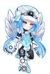  1girl absurdres armor armored_boots blanc blue_hair blush bodysuit boots chibi choujigen_game_neptune covered_navel full_body gloves haru_blanc0316 hat highres long_hair low_twintails mechanical_wings neptune_(series) next_white power_symbol red_eyes shin_jigen_game_neptune_vii simple_background solo symbol-shaped_pupils twintails white_background white_boots white_heart wings 