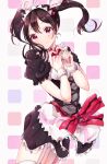  1girl apron black_hair bow fingers_together garter_straps highres love_live!_school_idol_project maid maid_headdress mogyutto_&quot;love&quot;_de_sekkin_chuu! naju0517 red_eyes scrunchie smile solo twintails waist_apron wrist_scrunchie yazawa_nico 