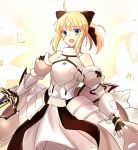  :d armor blonde_hair blue_eyes bow detached_sleeves excalibur fate_(series) fuyuki_(neigedhiver) gauntlets gorget hair_bow long_hair looking_to_the_side open_mouth petals ponytail saber saber_lily smile sword weapon 