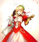  :d ahoge blonde_hair epaulettes fate/grand_order fate_(series) fingerless_gloves fuyuki_(neigedhiver) gauntlets gloves green_eyes highres one_eye_closed open_mouth panties puffy_sleeves saber_extra see-through simple_background smile underwear white_background wreath 