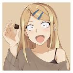  bare_shoulders blonde_hair bra brown_eyes chocolate dagashi_kashi earrings endou_saya_(dagashi_kashi) fang hair_ornament hairclip highres jewelry mafuyu_no_mo sweater tirol_chocolate underwear 