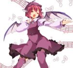  1girl bird_wings blush closed_eyes dress hasebe_yuusaku hat head_wings long_sleeves mob_cap musical_note mystia_lorelei open_mouth outstretched_arm pink_hair puffy_sleeves purple_legwear short_hair singing smile solo thigh-highs touhou white_background wings 