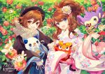  1boy 1girl 2016 :d aipom alternate_costume black_hat blue_eyes blush_stickers breath brown_hair camellia_(flower) character_doll character_request copyright_name darumaka ema fang floral_print flower freckles fur_collar grin hair_between_eyes hair_flower hair_ornament hairclip haori hat holding_animal japanese_clothes kimono kinchaku lace long_hair looking_at_viewer looking_to_the_side n_(pokemon) new_year no_hat obi one_eye_closed open_mouth oshawott poke_ball_print pokemon pokemon_(creature) pokemon_(game) pokemon_bw pom_pom_(clothes) ponytail red_flower runny_nose sash scarf shawl sleeves_past_wrists smile snivy tepig touko_(pokemon) touya_(pokemon) upper_body welchino wide_sleeves 