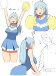  1boy 1girl accho_(macchonburike) arms_up blue_hair cheerleader handshake highres original pom_poms text 