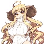  1girl ahoge anila_(granblue_fantasy) blonde_hair blush breasts brown_eyes chan_co eyebrows granblue_fantasy horns large_breasts long_hair looking_at_viewer ribbed_sweater sheep_horns short_eyebrows simple_background smile solo sweater white_background 