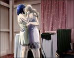  2007 2girls ahoge blonde_hair blue_hair chair chemise closed_eyes clothes couple curtains frame hand_on_another&#039;s_hip hands_on_another&#039;s_face indoors kiss lace lingerie long_hair maria-sama_ga_miteru multiple_girls nijou_noriko school_uniform sentape serafuku short_hair toudou_shimako underwear unmoving_pattern yuri 