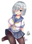  1girl artist_name blue_eyes bob_cut breasts brown_legwear collarbone cowboy_shot gloves hair_ornament hair_over_one_eye hairclip hamakaze_(kantai_collection) impossible_clothes jotarozaku kantai_collection large_breasts looking_at_viewer pantyhose pleated_skirt school_uniform serafuku short_hair short_sleeves signature silver_hair simple_background skirt solo tsurime white_background white_gloves 