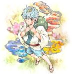  1boy :&lt; absurdres bag clouds faux_traditional_media from_above full_body grey_eyes highres komasan koukyou_keiyu personification sandals short_hair shorts silver_hair solo squiggle standing traditional_media watercolor_(medium) youkai_watch 