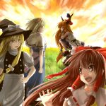  4hands alice_margatroid ao-shiba blonde_hair bow brown_eyes brown_hair hair_bow hair_tubes hairband hakurei_reimu hand_on_hip hat hat_bow highres horn_ribbon horns ibuki_suika kirisame_marisa open_mouth ribbon sunset touhou witch_hat yellow_eyes 