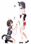  2girls ahoge animal_ears black_hair blush collar detached_sleeves dog_ears dog_tail extra_ears headband highres kantai_collection kemonomimi_mode kneeling kotonoha_suzu leash looking_at_another multiple_girls musical_note nontraditional_miko remodel_(kantai_collection) shigure_(kantai_collection) skirt spoken_musical_note spoken_squiggle squiggle sweat tail yamashiro_(kantai_collection) 