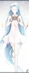  1girl absurdres ahoge bare_shoulders blue_eyes blue_hair crystal dress floating_object gradient gradient_background granblue_fantasy half-closed_eyes highres interlocked_fingers letterboxed long_hair lyria_(granblue_fantasy) marumoru praying signature sketch sleeveless sleeveless_dress small_breasts solo standing very_long_hair 