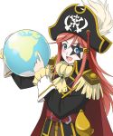  1girl blue_eyes blush commentary_request epaulettes eyeshadow facial_tattoo globe hair_ornament hairclip hat hat_feather katou_marika long_hair makeup miniskirt_pirates open_mouth pink_hair pirate_hat skull_and_crossbones smile solo star star_tattoo tattoo youkan 