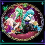  2girls back-to-back bangle blue_eyes blue_hair boots bracelet braid butterfly closed_eyes crown green_hair hat jewelry moldimolt_(stella_glow) multiple_girls niki_(stella_glow) siblings sisters sitting spoilers stella_glow tk8d32 transparent twin_braids 