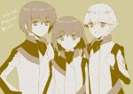  1girl 2boys :d :o blush brother_and_sister frown jacket kaburagi_sui long_sleeves monochrome multiple_boys nishio_akira nishio_rina open_mouth shiny shiny_hair short_hair siblings smile soukyuu_no_fafner sumomo_(peach-breath) sweatdrop translation_request twins uniform 