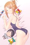  1girl brown_hair character_doll competition_school_swimsuit dagashi_kashi endou_saya_(dagashi_kashi) folded_ponytail highres long_hair lying on_side school_swimsuit shikada_kokonotsu sweets swimsuit takahirokun 