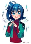  1boy ahoge artist_name blue_eyes blue_hair blush cardfight!!_vanguard dated drawn_wings highres male_focus open_mouth ribbed_sweater sendou_aichi short_hair smile solo sparkle sweater wings yuu_(7862260010) 